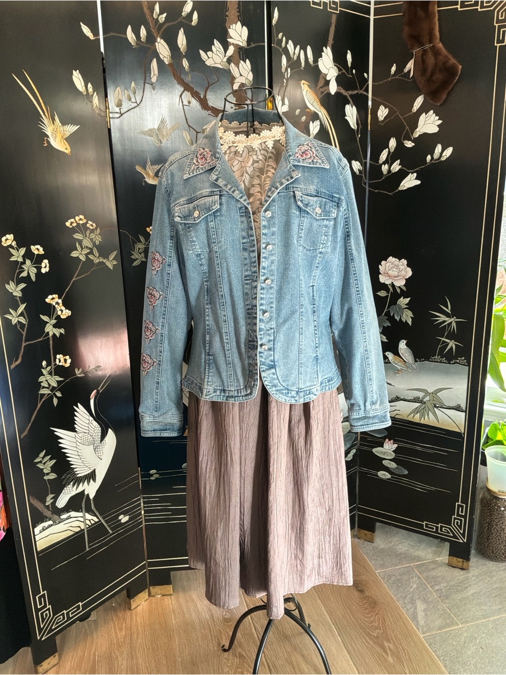 💖 Christine Alexander Vintage Rhinestone Rose Denim Jacket L